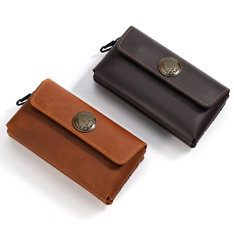 Vintage Men Genuine Leather Cell Phone Belt Bag Retro Cowhide Wallet Multi-pocket Phone Holster With Hook Badge