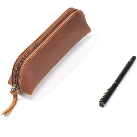 Vintage Genuine Leather Pencil Case Zippered Fountain Pen Pouch Handmade Retro Large Capacity Stationery Organizer Bag