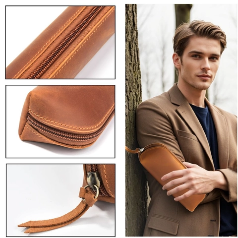 Vintage Genuine Leather Pencil Case Zippered Fountain Pen Pouch Handmade Retro Large Capacity Stationery Organizer Bag