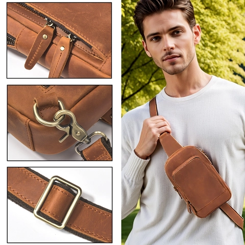 Uomo Vintage Crazy Horse Pelle Marsupio Monospalla Retrò Primo Strato Di Vacchetta Sling Bag Per Viaggio Crossbody Spalla