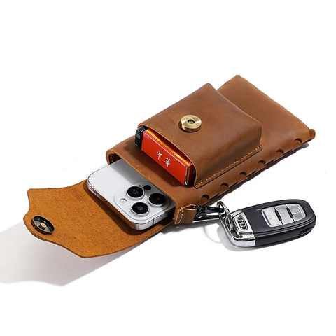 Vintage Genuine Crazy Horse Leather Phone Waist Bag For Men Multi Functional Belt Loop Pouch With Star Buckle And Hook