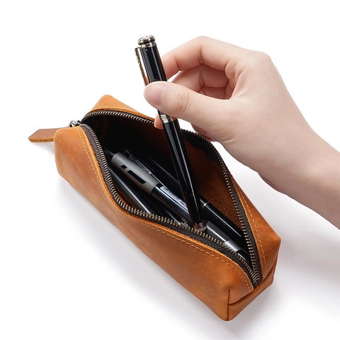 Astuccio in Pelle Crazy Horse Retrò Borsa in Pelle Vintage Con Cerniera per Cancelleria per Studenti Ufficio