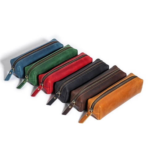 Astuccio in Pelle Crazy Horse Retrò Borsa in Pelle Vintage Con Cerniera per Cancelleria per Studenti Ufficio