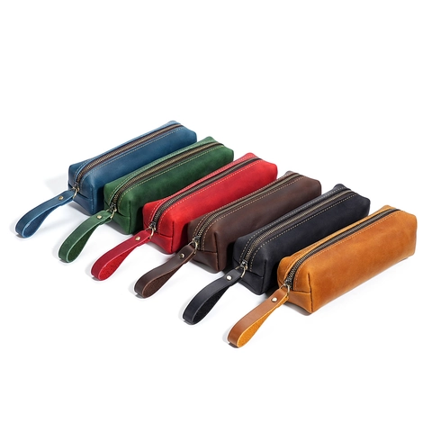 Vintage Crazy Horse Genuine Leather Pencil Case Retro Handmade Cowhide Pen Bag With Metal Zipper For Students Office Stationery