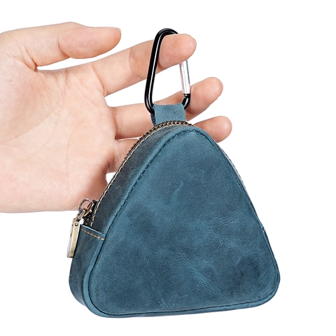 Triangle Crazy Horse Leather Coin Purse Vintage Genuine Cowhide Mini Storage Bag With Carabiner Retro Key Pouch Earphone Wallet