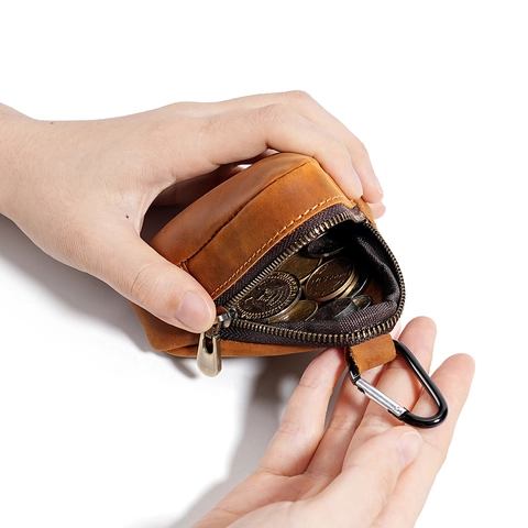 Triangle Crazy Horse Leather Coin Purse Vintage Genuine Cowhide Mini Storage Bag With Carabiner Retro Key Pouch Earphone Wallet