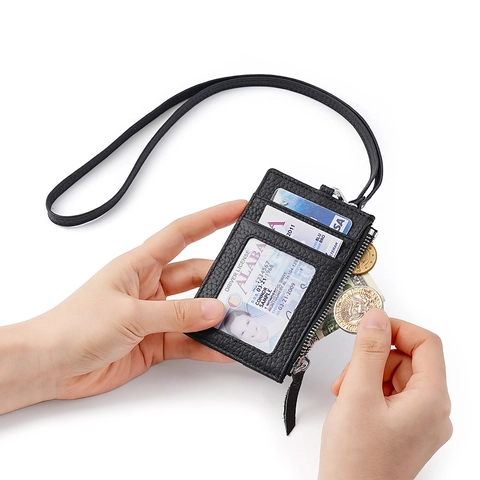 Porta Badge In Vera Pelle Con Cordino Retrattile Tasca Con Cerniera Blocco RFID Custodia Protettiva Professionale Per Ufficio
