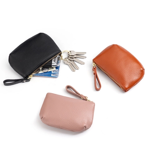 Women Genuine Leather Coin Purse Mini Wallet Pebbled Texture With Wrist Strap Key Ring Zippered Small Pouch Minimalist