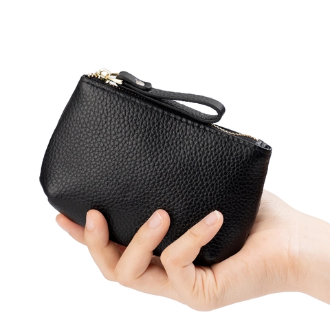 Women Genuine Leather Coin Purse Mini Wallet Pebbled Texture With Wrist Strap Key Ring Zippered Small Pouch Minimalist