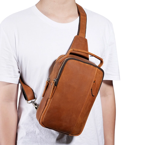 Herren Vintage Echtleder Brusttasche Crazy Horse Rindsleder Umhängetasche Für Freizeit Reisen Alltag Braun Kaffee