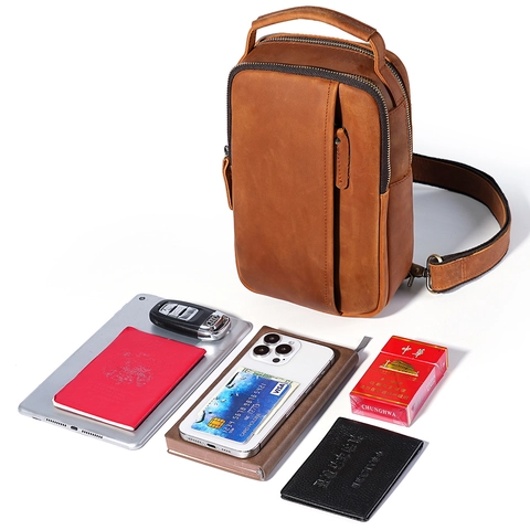 Herren Vintage Echtleder Brusttasche Crazy Horse Rindsleder Umhängetasche Für Freizeit Reisen Alltag Braun Kaffee
