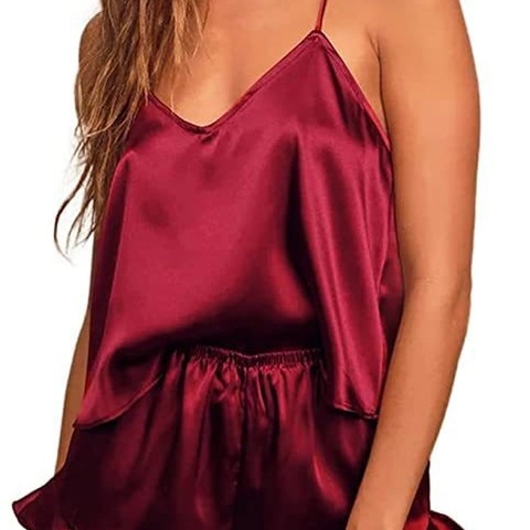 Satin Pajama Top And Shorts Women Faux Satin V Neck Camisole Ruffle Hem Sleepwear Sexy French Style Home Loungewear