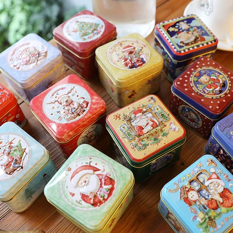 Christmas Metal Containers Embossed Square Tinplate Gift Packaging Festive Santa Snowman Reindeer For Candy Cookie Storage
