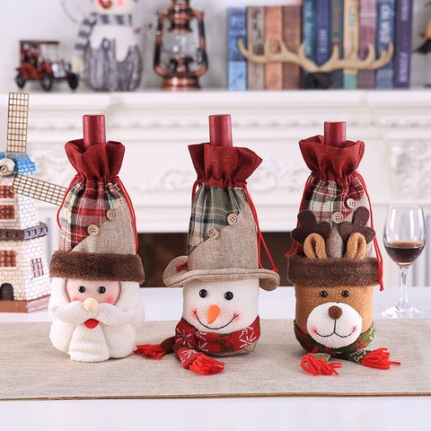 Christmas Wine Bottle Cover Burlap Plaid Decorative Bag Santa Snowman Reindeer Table Decor Holiday Party Accessory