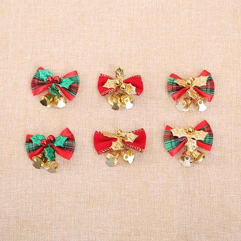 Christmas Tree Bowknot Hanging Ornaments With Golden Metal Bells Plaid Fabric Bows For Holiday Party Wreath Garland Decor