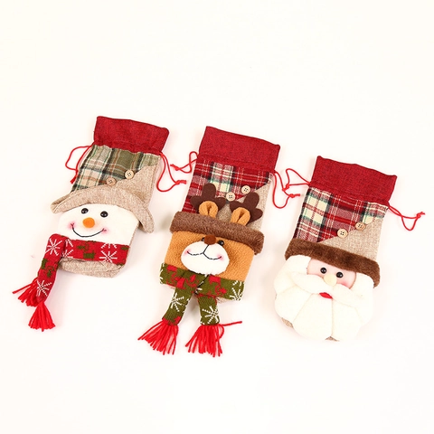 Christmas Wine Bottle Cover Burlap Plaid Decorative Bag Santa Snowman Reindeer Table Decor Holiday Party Accessory