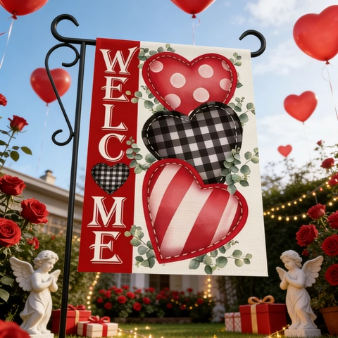 Valentine's Day Garden Flag Double Sided Polyester Love Heart Red Truck Gnome Welcome Garden Sign For Outdoor Yard Decor