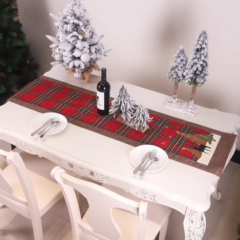 Christmas Plaid Table Runner With Applique Embroidery Reindeer Tree Pattern Cotton Linen For Holiday Table Decoration