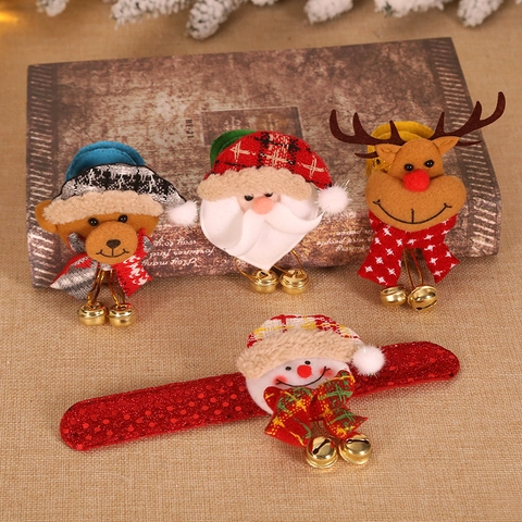Bracelet Slap LED de Noël Avec Cloches Dessin Animé Père Noël Bonhomme de Neige Renne Ours Paillettes Peluche Pour Enfants Fête