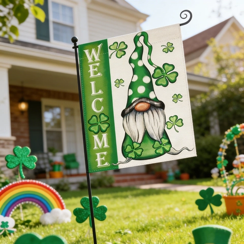 St Patrick's Day Garden Flag Polyester Welcome Clover Gnome Green Truck Outdoor Yard Decorative Festival Hanging Flag