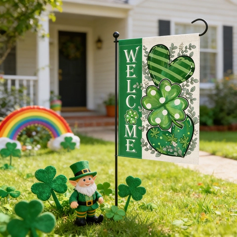 St Patrick's Day Garden Flag Polyester Welcome Clover Gnome Green Truck Outdoor Yard Decorative Festival Hanging Flag
