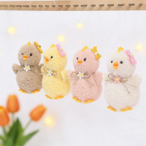 Décorations à Suspendre Poussin en Peluche de Pâques Ornements de Poulet en Laine d'Agneau Avec Nœud Marguerite pour Fête de Printemps Décoration de Table