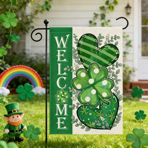 St. Patrick's Day Garden Flag Shamrock Gnome Welcome Outdoor Decoration Green Polyester Burlap Yard Sign