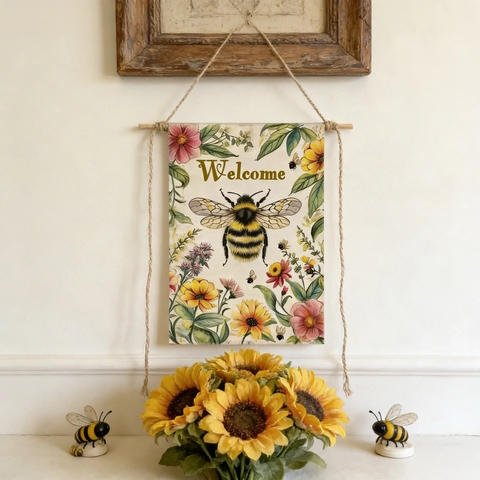 Sonnenblume Biene Gartenfahne Welcome Bee Happy Außenbereich Hof Dekor Floral Gnom Bedruckt Polyester Vertikale Doppelseitige Fahne Deko