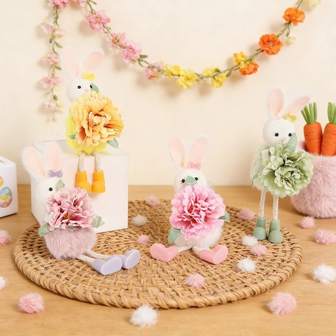Décoration Suspendue Lapin de Pâques Fleur en Polyester Fait Main Style Pastoral Ornement Saisonnier Printemps pour Maison Fête