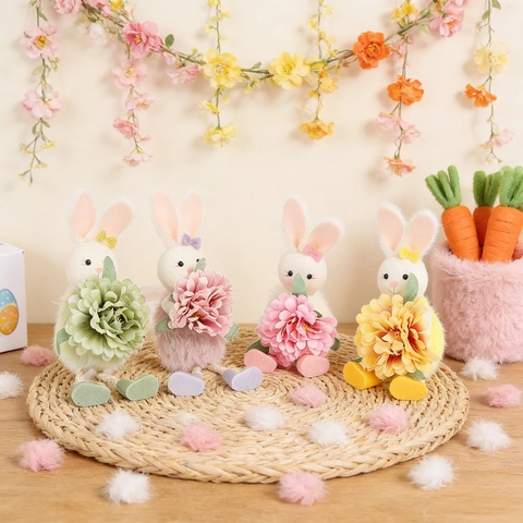 Easter Rabbit Plush Hanging Decoration With Large Artificial Flower Long Rope Legs For Home Holiday Party Decor