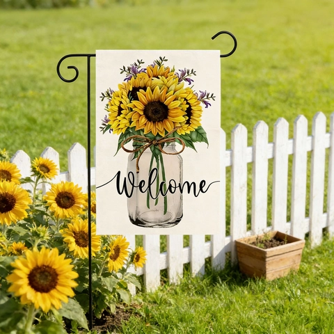Sonnenblume Biene Gartenfahne Welcome Bee Happy Außenbereich Hof Dekor Floral Gnom Bedruckt Polyester Vertikale Doppelseitige Fahne Deko