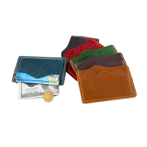 Genuine Crazy Horse Leather Slim Card Holder For Men Women Vintage Contrast Stitching RFID Blocking Minimalist Credit Case