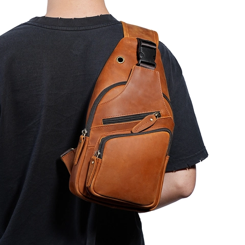 Borsa a Tracolla da Uomo in Pelle Crazy Horse Retro Borsa da Petto in Pelle di Vacchetta Viaggio Borsa a Tracolla Casual
