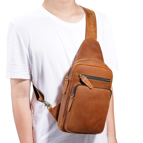 Borsa da Petto in Vera Pelle Vintage per Uomo Pelle di Vacchetta Primo Strato Grande Capacità Borsa a Tracolla Tendenza Strada