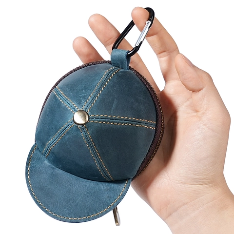 Portamonete in Vera Pelle Vintage a Forma di Cappello da Baseball in Pelle di Vacchetta Primo Strato Mini Custodia con Cerniera e Moschettone