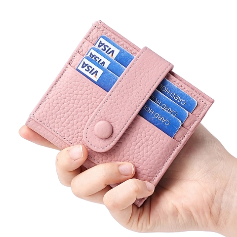 Genuine Leather RFID Blocking Card Holder For Women Men First Layer Cowhide Pebbled Pattern Slim Bifold Wallet With Buckle