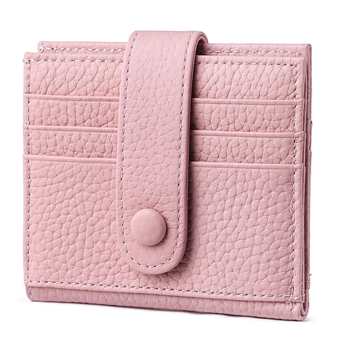 Genuine Leather RFID Blocking Card Holder For Women Men First Layer Cowhide Pebbled Pattern Slim Bifold Wallet With Buckle