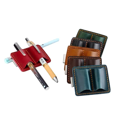 Genuine Leather Pen Holder Sleeve Dual Slot With Stainless Steel Clip Retro Handmade Cowhide Stationery Accessory For Notebook