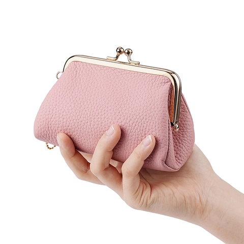 Monedero Retro De Cuir Genuino De Vaca Con Textura Granulada Mini Bolso De Mano Con Cierre De Boquilla Y Cadena Dorada