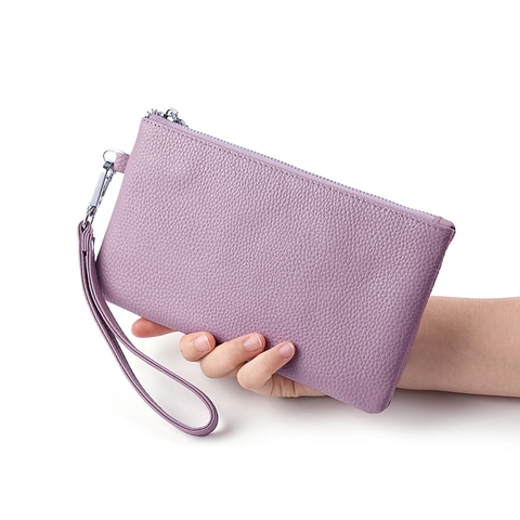 Women Genuine Cowhide Leather Wristlet Clutch Wallet Large Capacity Litchi Grain Phone Bag With Detachable Hand Strap Pouch