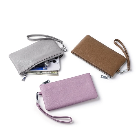 Women Genuine Cowhide Leather Wristlet Clutch Wallet Large Capacity Litchi Grain Phone Bag With Detachable Hand Strap Pouch
