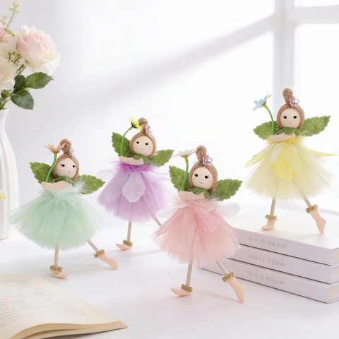 Handmade Fabric Flower Fairy Doll Hanging Ornament With Mesh Skirt And Wings Macaron Color Healing Style Home Decoration