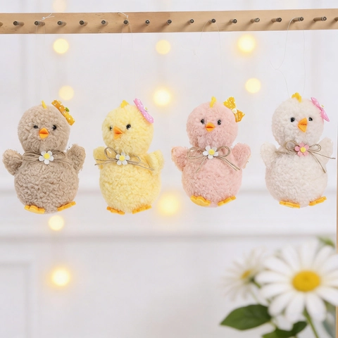 Décorations à Suspendre Poussin en Peluche de Pâques Ornements de Poulet en Laine d'Agneau Avec Nœud Marguerite pour Fête de Printemps Décoration de Table