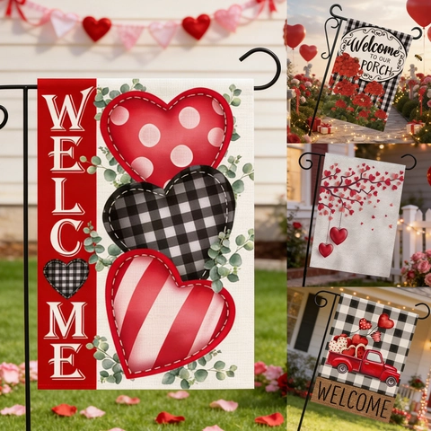 Valentine's Day Garden Flag Polyester Double Sided Yard Welcome Decor Hearts Red Truck Gnomes Outdoor Decorative Flag Home Garden Banner