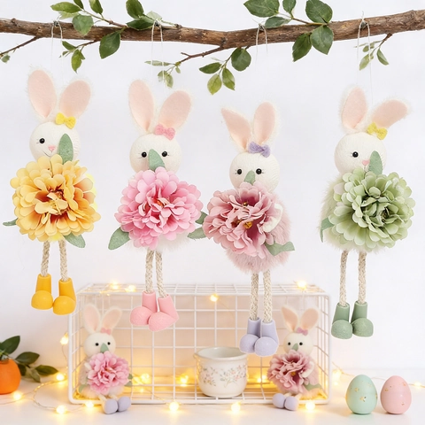 Easter Rabbit Plush Hanging Decoration With Large Artificial Flower Long Rope Legs For Home Holiday Party Decor
