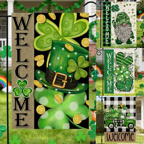 St. Patrick's Day Garden Flag Shamrock Gnome Welcome Outdoor Decoration Green Polyester Burlap Yard Sign