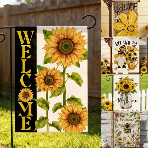 Garden Flag Sunflower Bee Linen Double Sided Welcome Bee Happy Rural Style Outdoor Yard Porch Decoration Home Ornament