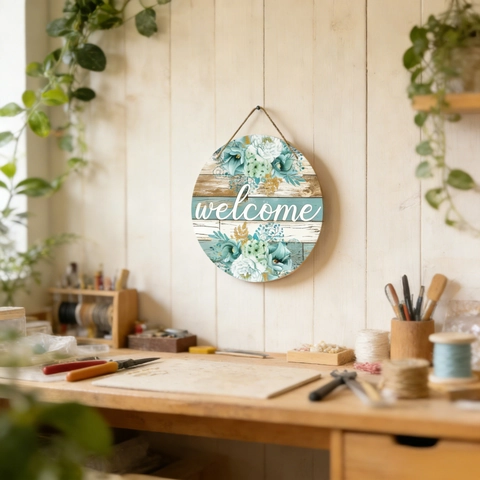 Round Welcome Door Sign Wooden Floral Print Hanging Decorative Plate Home Garden Entrance Ornament