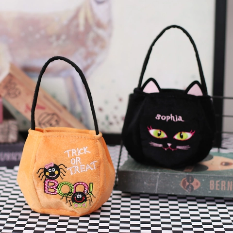 Sacchetto Regalo in Velluto Peluche di Halloween Ricamato Pipistrello Zucca Gatto Nero Ragno Borsa per Caramelle per Feste Bambini