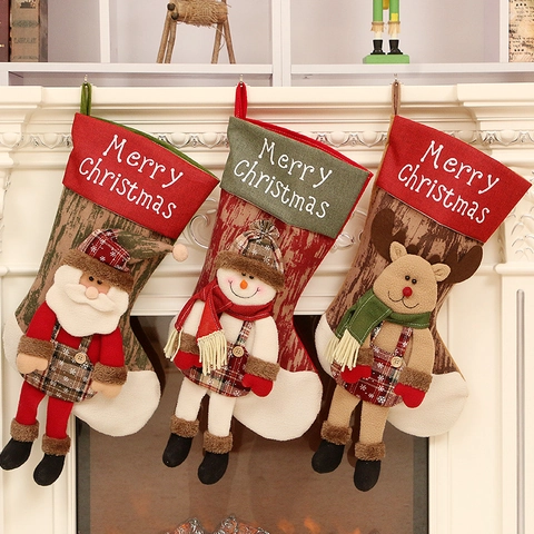 Weihnachtssocken Große Süßigkeitentüten 3D Weihnachtsmann Schneemann Rentier Puppen Vliesstoff Plüsch Strick Karo Deko